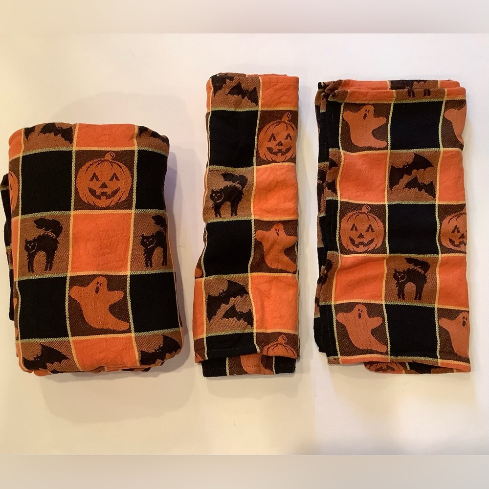 Woven Halloween Tablecloth & 8 Placemats Orange Black Bats Cats Jack O Lantern